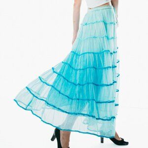 Summer Elastic Waist turqoise midi Skirt Cotton Casual Loose Skirts A-line Pleat